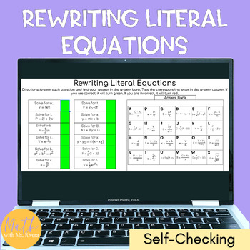 Preview of Literal Equations Self Checking Digital Activity for Algebra 1