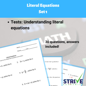 Preview of Literal Equations - Set 1, Practice for ACT and SAT