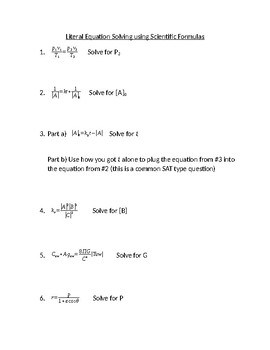 Preview of Literal Equations Solving for Algebra and Science