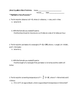 Preview of Literal Equations Worksheet
