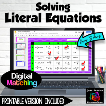 Preview of Literal Equations Digital Matching plus Print version