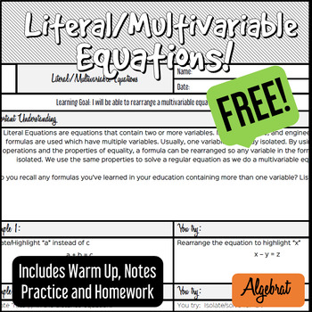Preview of Literal Multivariable Equations - Notes, Warm Up, Practice, HW - FREE!