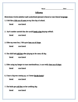 Preview of Literal and Nonliteral Worksheets