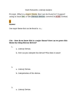 Preview of Literary Analysis ACE Paragraph Outline: Identify theme and literary devices