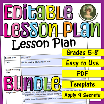 Preview of Literary Analysis Bundle : Editable Lesson Plan for Middle School