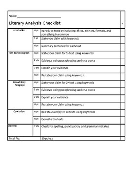 Preview of Literary Analysis Checklist - Writing Modification / Graphic Organizer