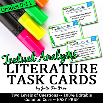 Literary Analysis Task Cards Comprehension, Prompts, Any Prose Text