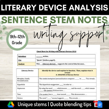 Preview of Literary Device Analysis Sentence Stem Notes Sheet