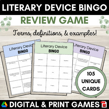 Preview of Literary Device Bingo Review Game | Terms Elements | Vocab Definitions Examples