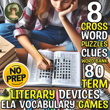 Preview of Literary Devices #1-8 ELA Vocabulary Crossword Puzzles Sub Plan CCSS