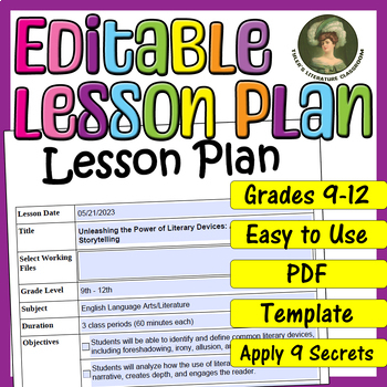 Preview of Literary Devices : Editable Lesson Plan for High School