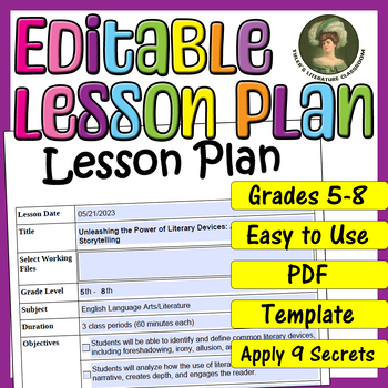 Preview of Literary Devices : Editable Lesson Plan for Middle School