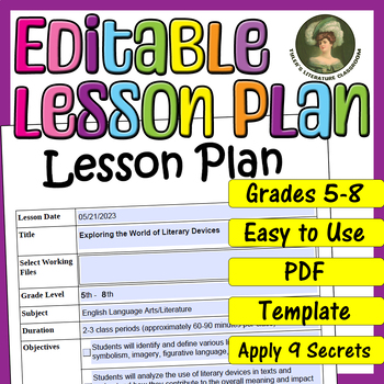 Preview of Literary Devices Reading Comprehension : Editable Lesson Plan for Middle School