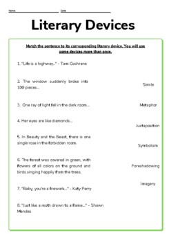 literary devices for esl worksheet answer key by english lit for esl learners
