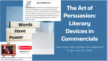 Preview of Literary Devices in Advertising NC RL/RI.10.4 Vocabulary minilesson & practice