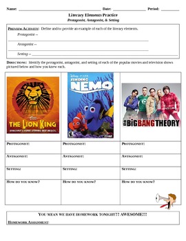 Preview of Literary Elements Activity (w/ Homework) -- Protagonist, Antagonist, & Setting