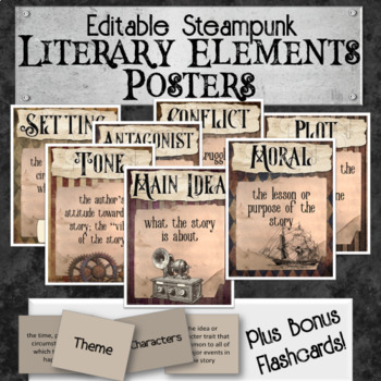 Preview of Literary Elements Editable Posters & Flashcards Steampunk Style 