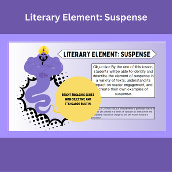 Preview of Literary Elements: Suspense Slideshow Lesson with Writing Prompts, Middle School