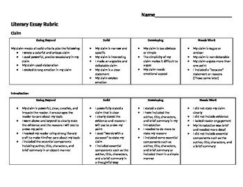 Preview of Literary Essay Writing Rubric