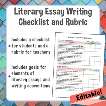 Preview of Literary Essay Writing Student Checklist and Teacher Rubric *Editable*