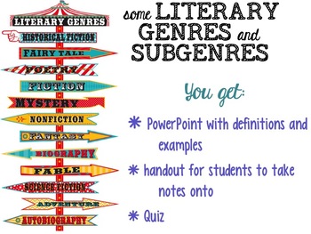 Preview of Literary GENRES and SUBGENRES - Powerpoint, Plenty of Examples, Handout, & Quiz!