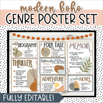 Preview of Boho Reading Genre Posters for Classroom Library Bulletin Boards - Printable