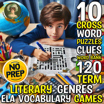Preview of Literary Genres #1-10 ELA Vocabulary Crossword Puzzles Sub Plan CCSS