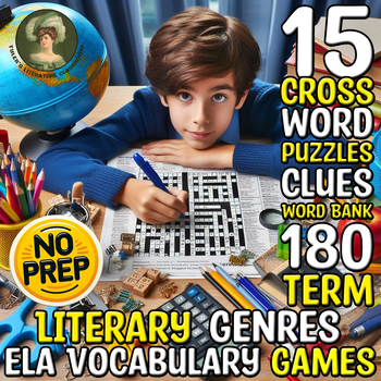 Preview of Literary Genres #1-15 ELA Vocabulary Crossword Puzzles Sub Plan CCSS