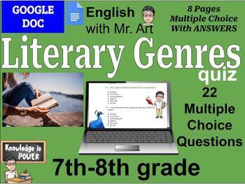Preview of Literary Genres quiz- 7th-8th Grade, 22 Multiple Choice with Answers, 8 pages