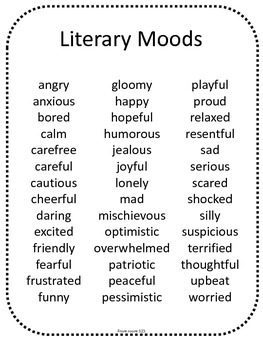 Literary Moods List by From room 123 | Teachers Pay Teachers