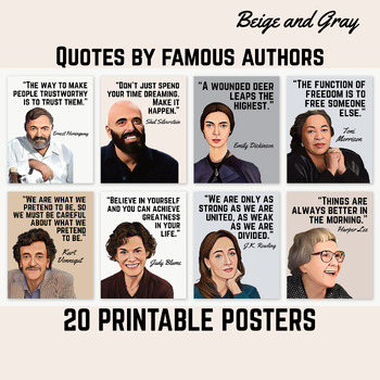 Preview of Literary Quotes Posters, Quotes by Famous Authors, Beige and Gray