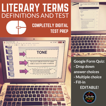 Preview of Literary Terms Definitions and Test: Test Prep (Google Slides and Forms/Quiz)