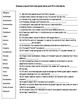 Literary Terms List and Worksheet Activity by cassandra rodriguez