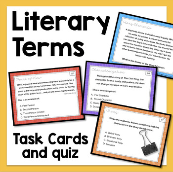 Preview of Literary Terms Task Cards Activity and Quiz Literary Devices Elements