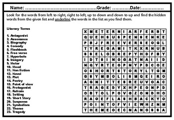 Preview of Literary Terms Word Search Worksheet, Literature Sub Plan, End of Year Activity