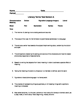 Literary Terms Worksheet with Two Tests by King #39 s Korner TpT
