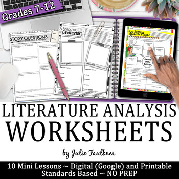 Preview of Literature Analysis Worksheets, Printable and Digital