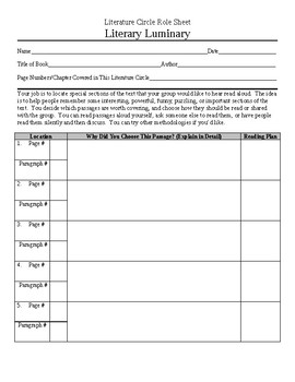 Literature Circle Literary Luminary Role Sheet by Ted Persinger | TpT