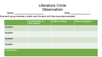 Preview of Literature Circle Observation Sheet