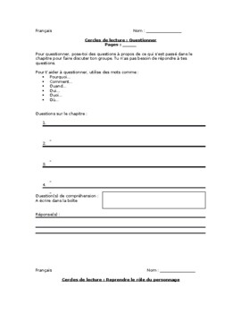 Preview of Literature Circle Worksheets in French