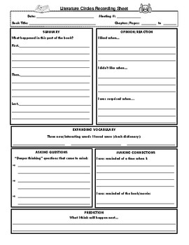 Preview of Literature Circles / Book Clubs Reading Comprehension Recording Worksheet