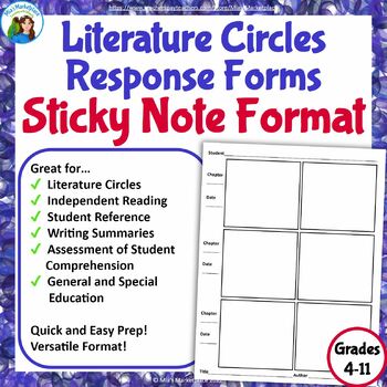 Preview of Literature Circles and Reading Response Forms: Sticky Note Format