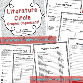 Preview of Literature Circles (Book Club) Graphic Organizers with Extensions!