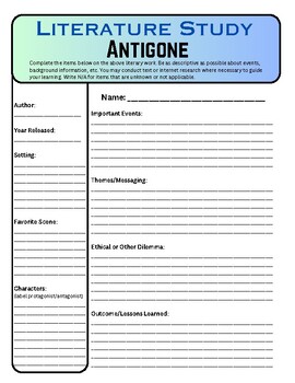 Preview of Literature Study: Antigone by Sophocles Story Elements Worksheet