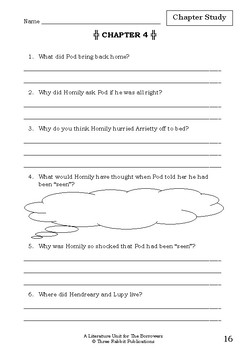 Literature Unit The Borrowers Mary Norton Novel Study Worksheets