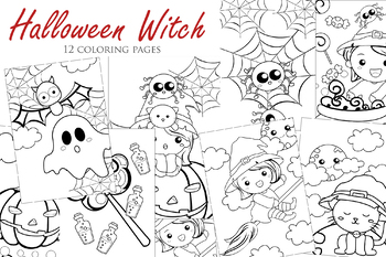 Preview of Little Girl Witch Pumpkin Cat Halloween Costume Party - Kids & Adult coloring A4