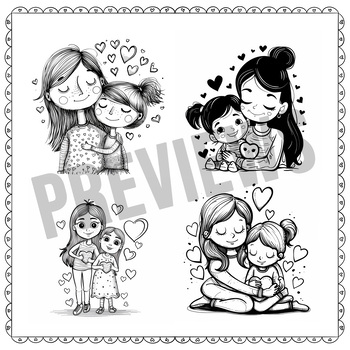 Preview of Little Girl and Mummy Coloring Valentine's Day, Mother's Day, Mindful Relaxing