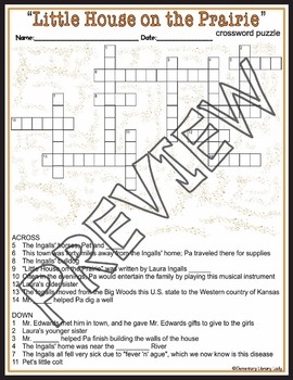 Little House on the Prairie Activities Wilder Crossword Puzzle and Word