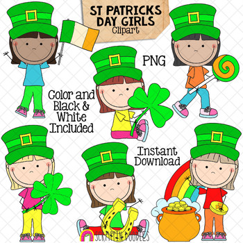 St. Patrick's Day Girls ClipArt - 4 Leaf Clover - Pot of Gold - Rainbow ...