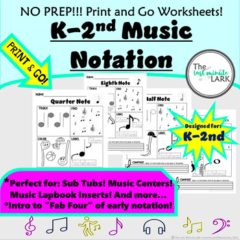 Preview of NO PREP!! K-2 Music Notation Worksheets for Sub, Homeschool, Piano lesson, etc!